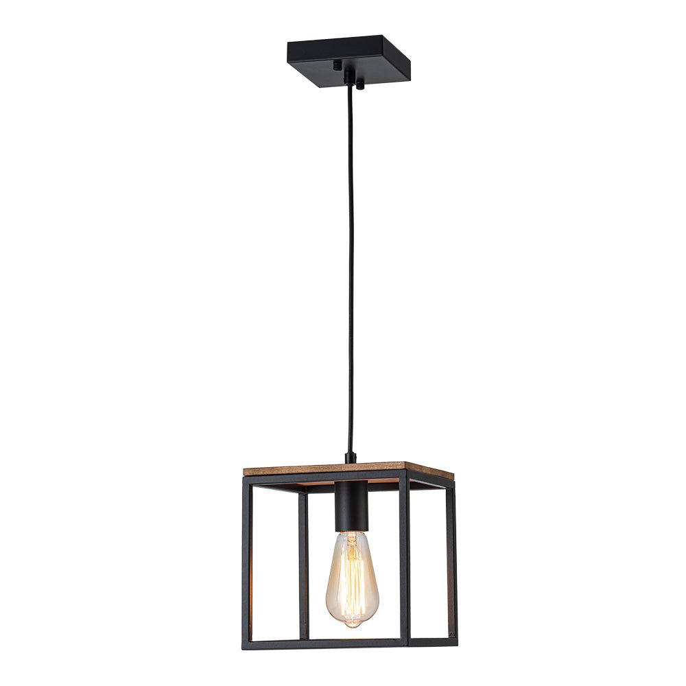 Modern Farmhouse 1-Light Square Cage Mini Pendant, Matte Black Wood Finish