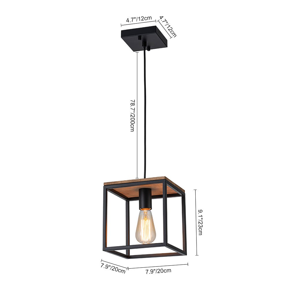 Modern Farmhouse 1-Light Square Cage Mini Pendant, Matte Black Wood Finish