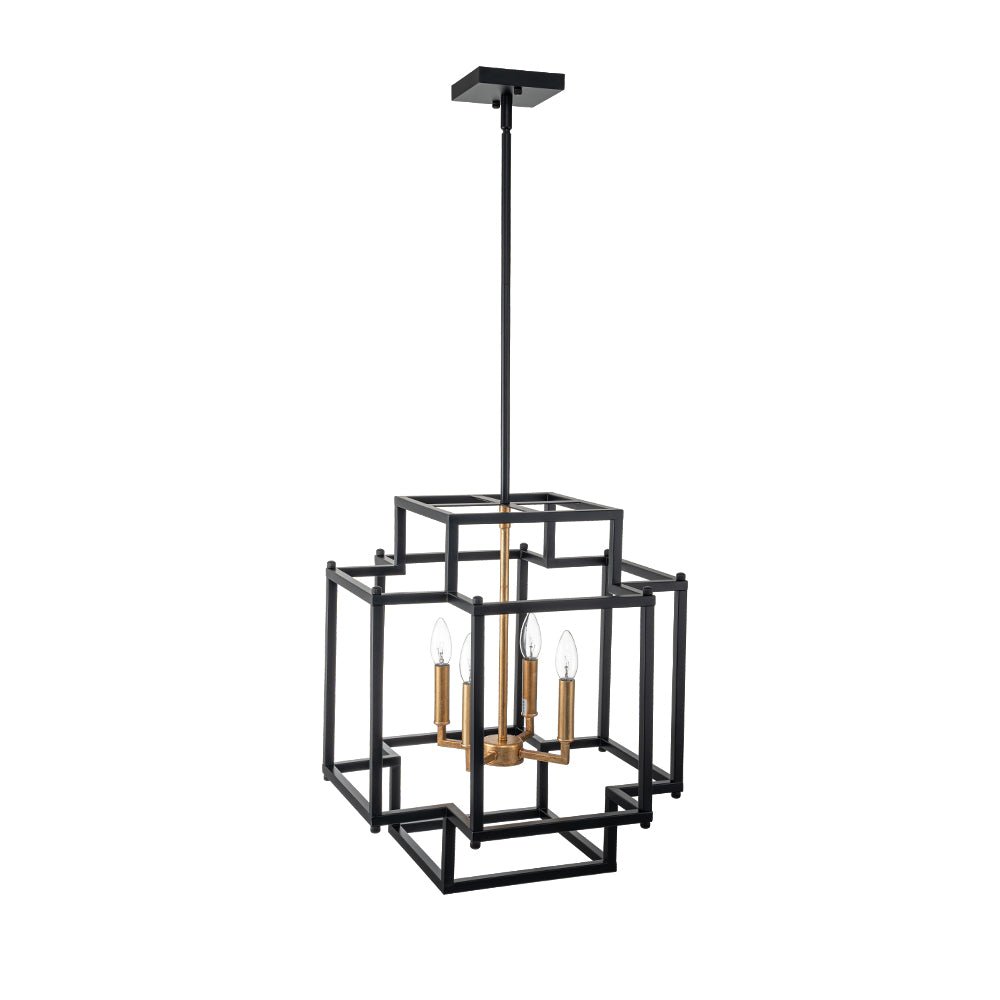 Modern Farmhouse Square Lantern Pendant, 4-Light E12, Matte Black & Gold