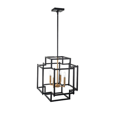 Modern Farmhouse Square Lantern Pendant, 4-Light E12, Matte Black & Gold