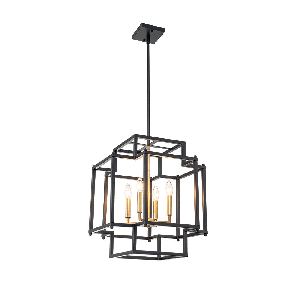 Modern Farmhouse Square Lantern Pendant, 4-Light E12, Matte Black & Gold