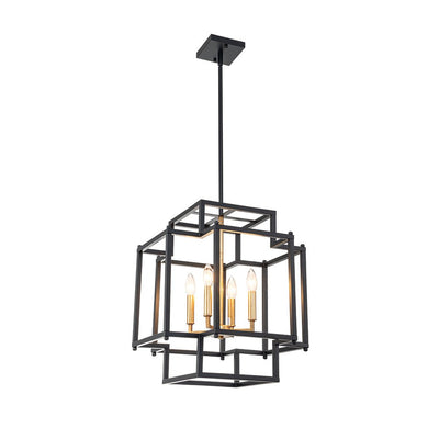 Modern Farmhouse Square Lantern Pendant, 4-Light E12, Matte Black & Gold