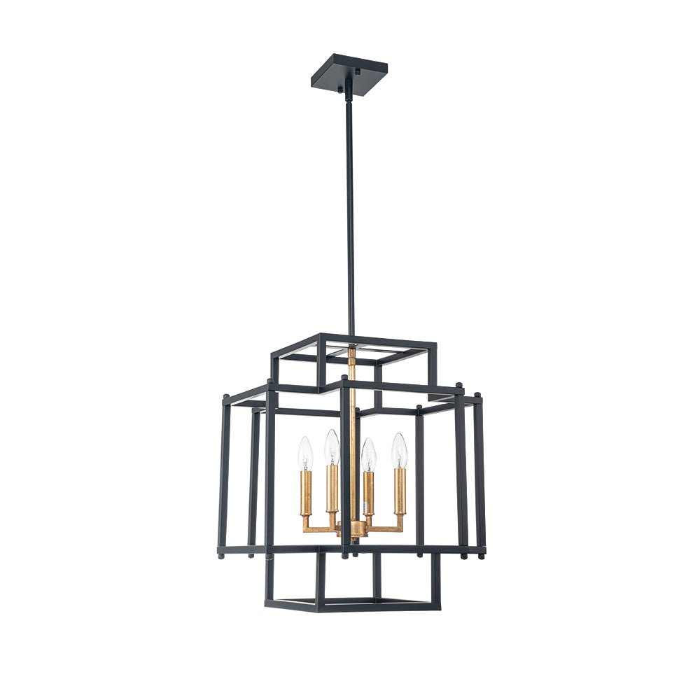 Modern Farmhouse Square Lantern Pendant, 4-Light E12, Matte Black & Gold