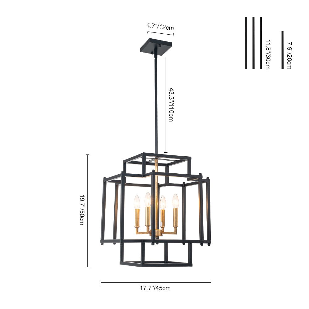 Modern Farmhouse Square Lantern Pendant, 4-Light E12, Matte Black & Gold
