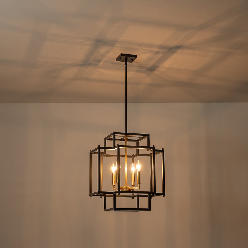 Modern Farmhouse Square Lantern Pendant, 4-Light E12, Matte Black & Gold