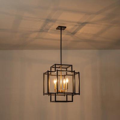 Modern Farmhouse Square Lantern Pendant, 4-Light E12, Matte Black & Gold