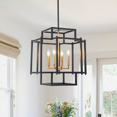 Modern Farmhouse Square Lantern Pendant, 4-Light E12, Matte Black & Gold