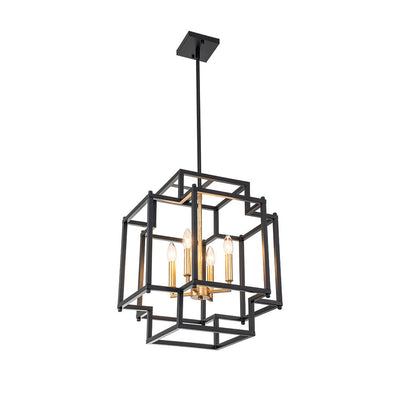 Modern Farmhouse Square Lantern Pendant, 4-Light E12, Matte Black & Gold