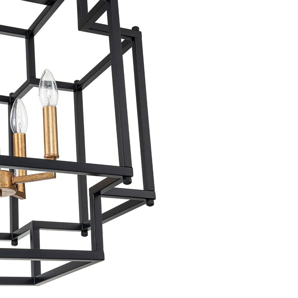 Modern Farmhouse Square Lantern Pendant, 4-Light E12, Matte Black & Gold