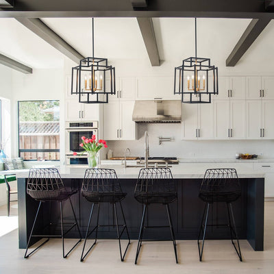 Modern Farmhouse Square Lantern Pendant, 4-Light E12, Matte Black & Gold