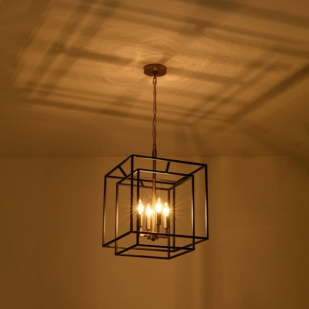Modern Farmhouse 4-Light Square Lantern Tiered Chandelier, Black Gold Finish