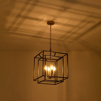 Modern Farmhouse 4-Light Square Lantern Tiered Chandelier, Black Gold Finish