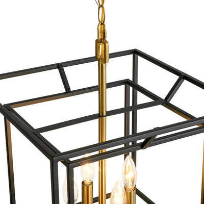 Modern Farmhouse 4-Light Square Lantern Tiered Chandelier, Black Gold Finish