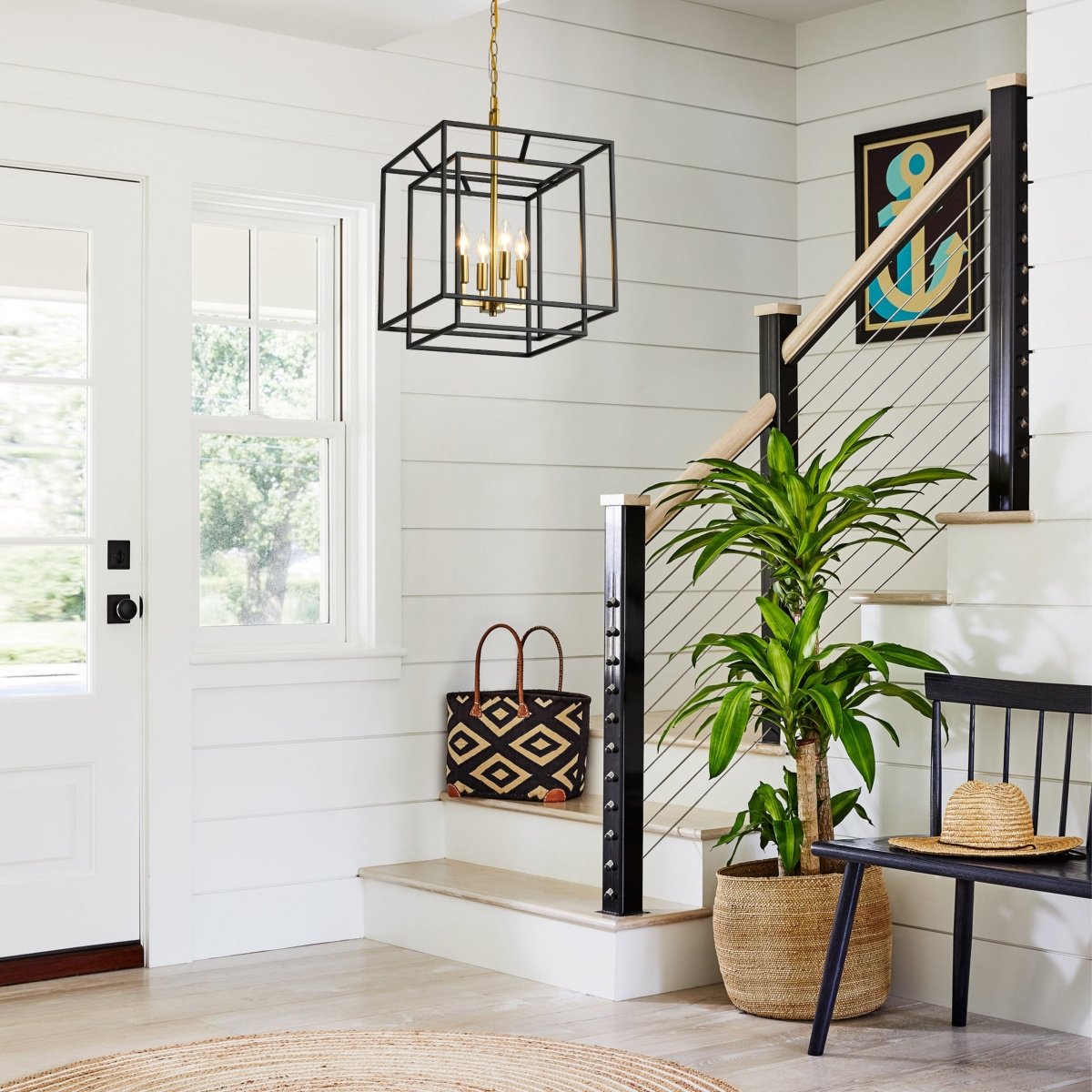 Modern Farmhouse 4-Light Square Lantern Tiered Chandelier, Black Gold Finish