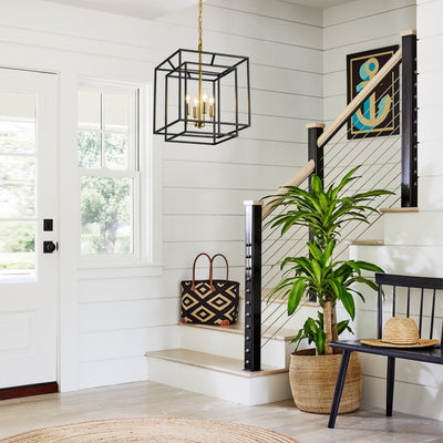 Modern Farmhouse 4-Light Square Lantern Tiered Chandelier, Black Gold Finish