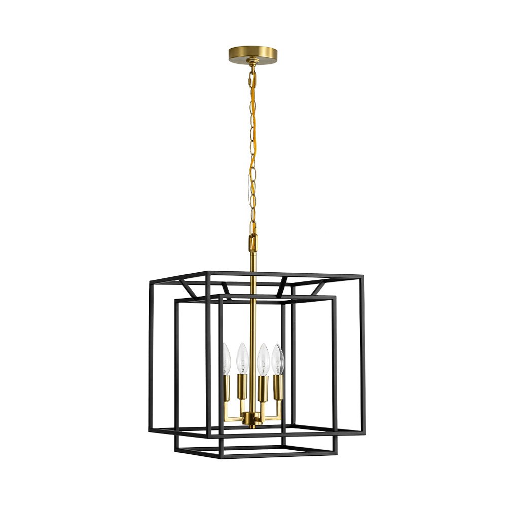 Modern Farmhouse 4-Light Square Lantern Tiered Chandelier, Black Gold Finish