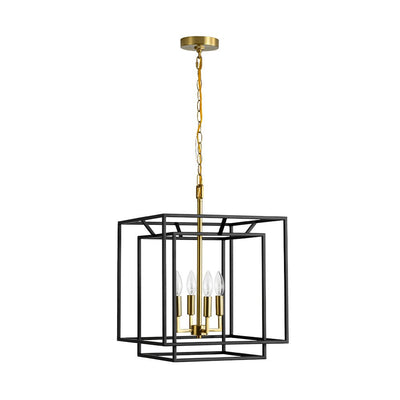 Modern Farmhouse 4-Light Square Lantern Tiered Chandelier, Black Gold Finish