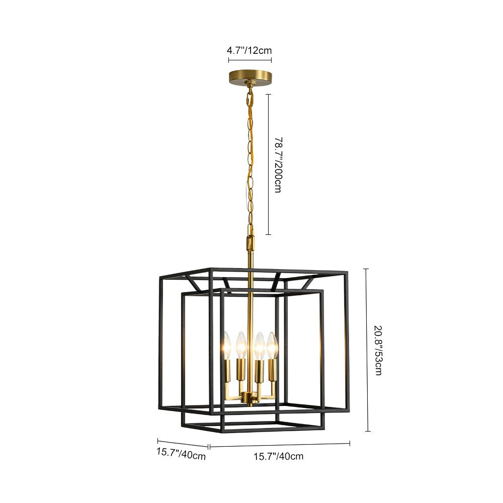 Modern Farmhouse 4-Light Square Lantern Tiered Chandelier, Black Gold Finish