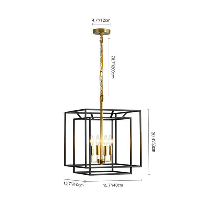 Modern Farmhouse 4-Light Square Lantern Tiered Chandelier, Black Gold Finish