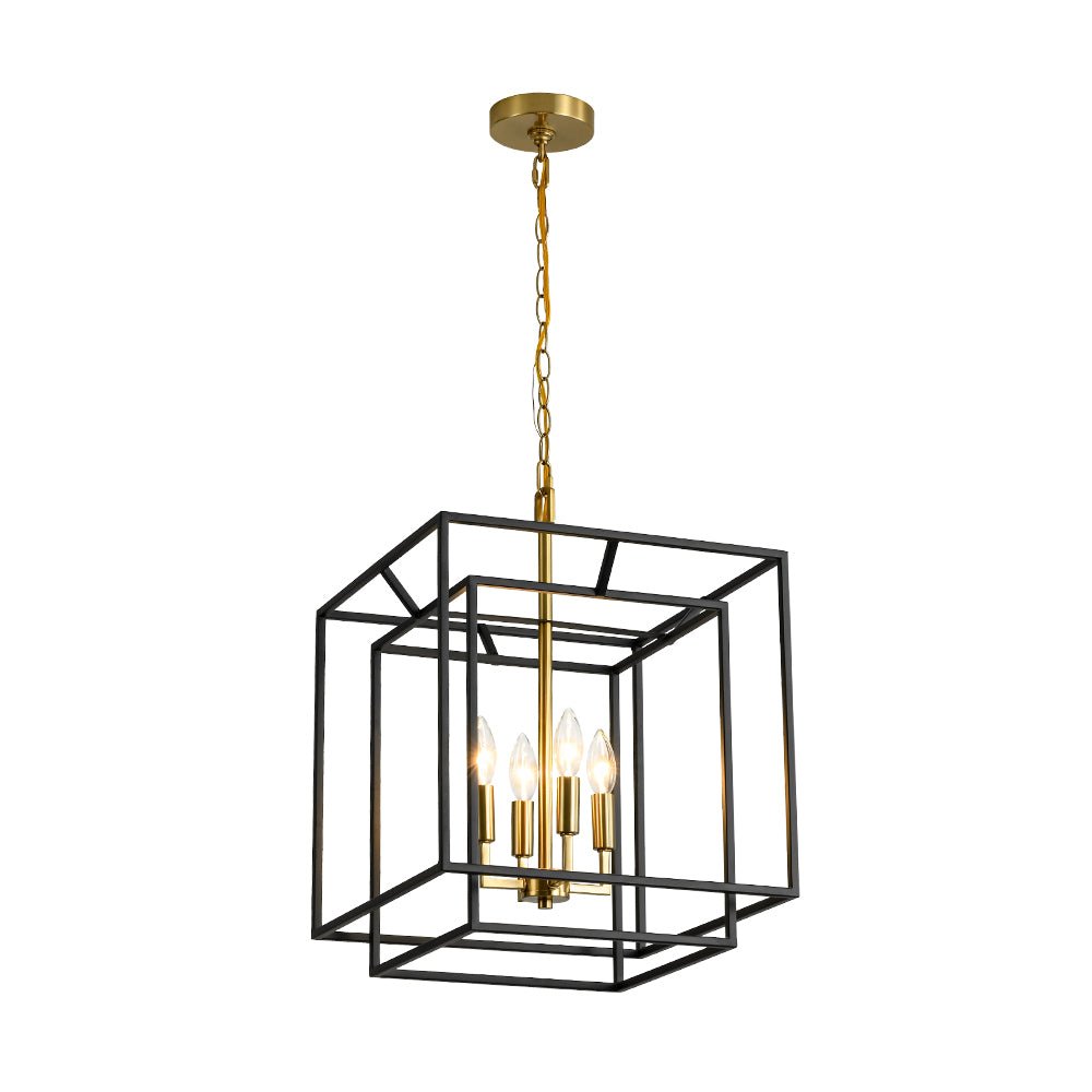 Modern Farmhouse 4-Light Square Lantern Tiered Chandelier, Black Gold Finish
