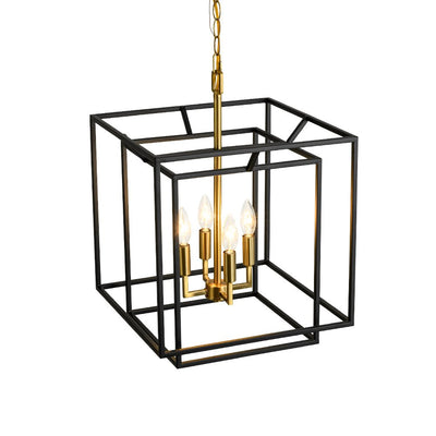 Modern Farmhouse 4-Light Square Lantern Tiered Chandelier, Black Gold Finish