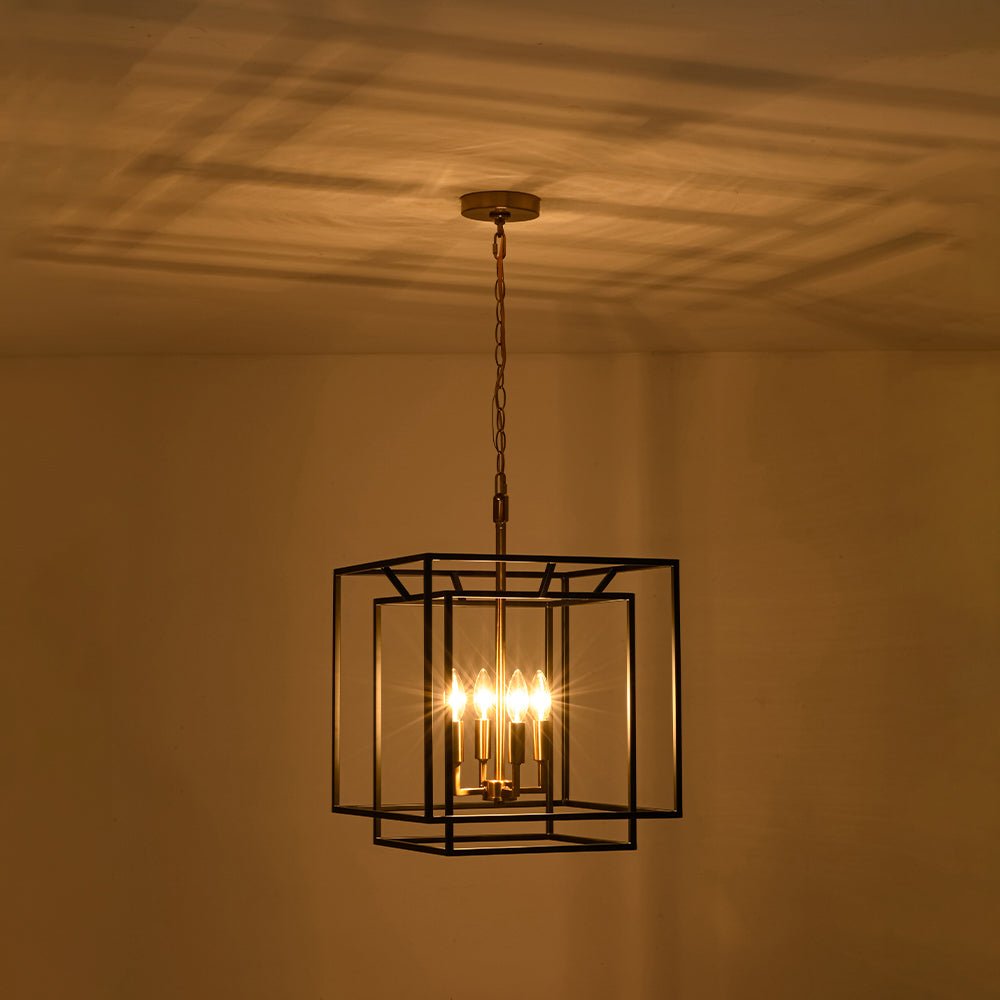 Modern Farmhouse 4-Light Square Lantern Tiered Chandelier, Black Gold Finish