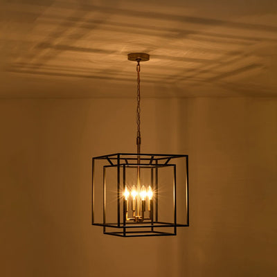 Modern Farmhouse 4-Light Square Lantern Tiered Chandelier, Black Gold Finish