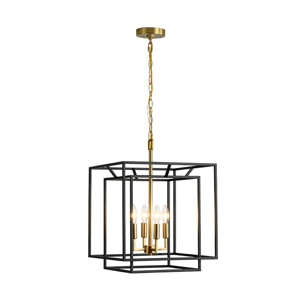 Modern Farmhouse 4-Light Square Lantern Tiered Chandelier, Black Gold Finish