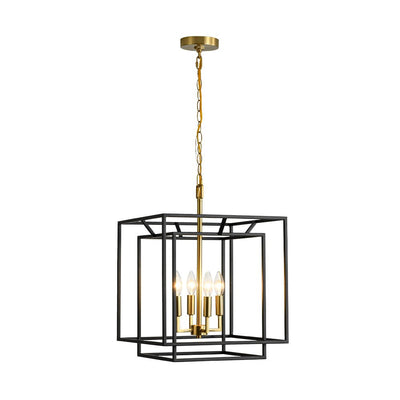 Modern Farmhouse 4-Light Square Lantern Tiered Chandelier, Black Gold Finish