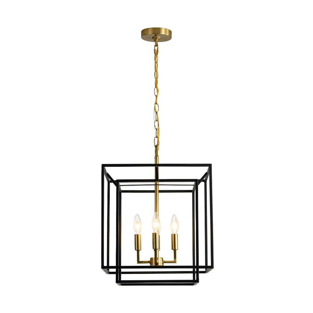 Modern Farmhouse 4-Light Square Lantern Tiered Chandelier, Black Gold Finish