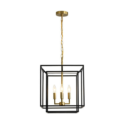 Modern Farmhouse 4-Light Square Lantern Tiered Chandelier, Black Gold Finish