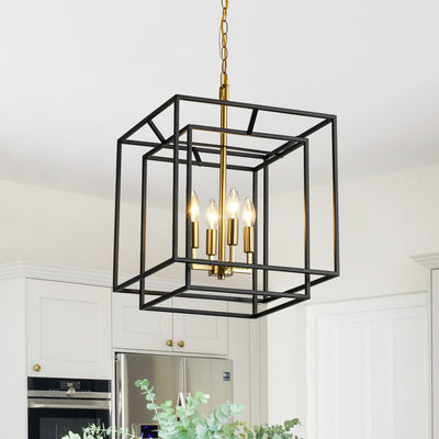 Modern Farmhouse 4-Light Square Lantern Tiered Chandelier, Black Gold Finish