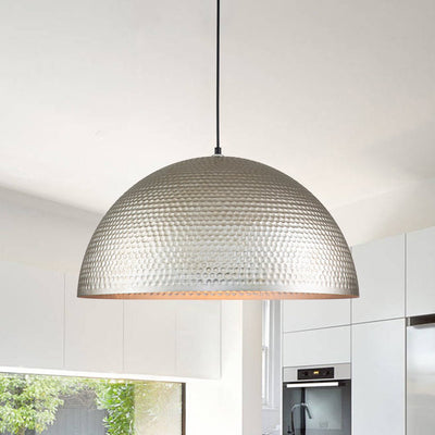 Large Hammered Metal Dome Pendant Light, Adjustable Height, Antique Silver Finish