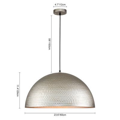 Large Hammered Metal Dome Pendant Light, Adjustable Height, Antique Silver Finish