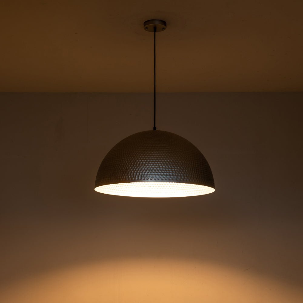 Large Hammered Metal Dome Pendant Light, Adjustable Height, Antique Silver Finish