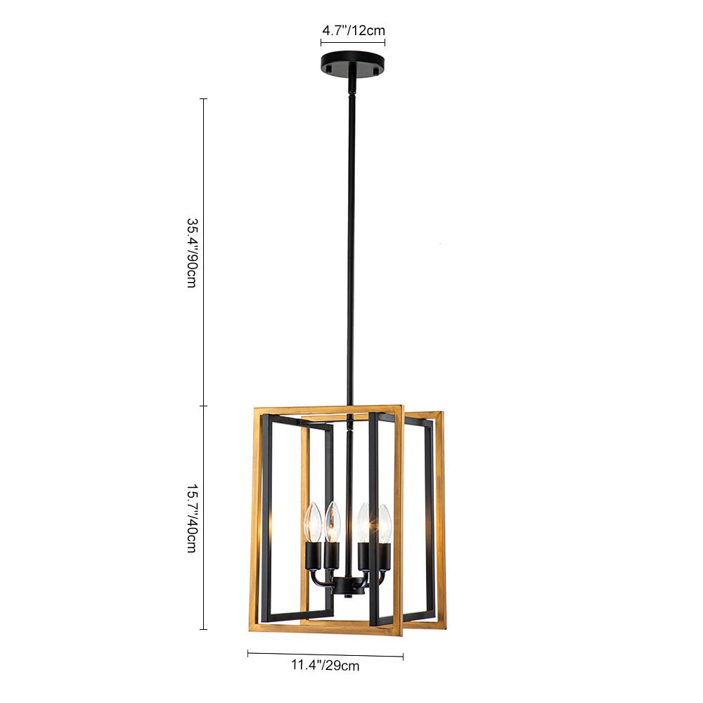 Modern Industrial 4-Light Square Metal Pendant Chandelier, Black Gold Finish