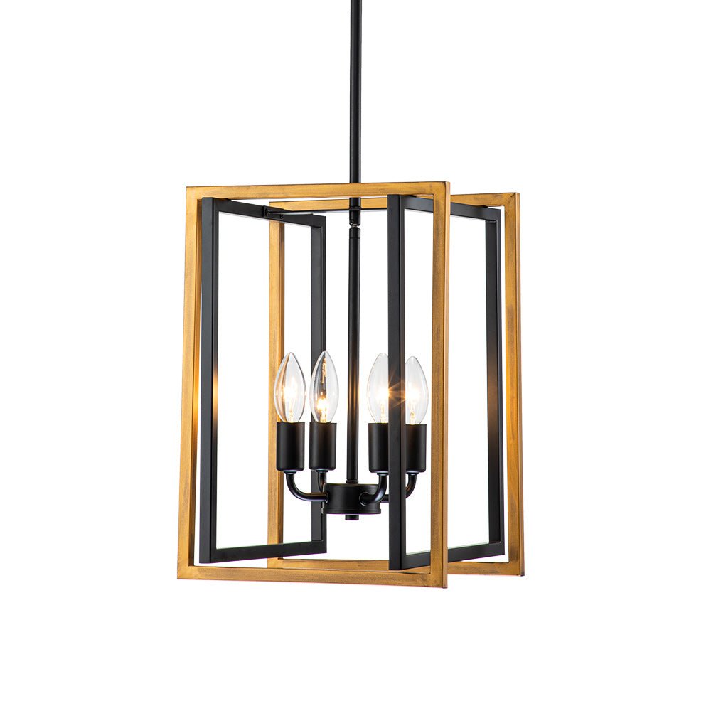 Modern Industrial 4-Light Square Metal Pendant Chandelier, Black Gold Finish