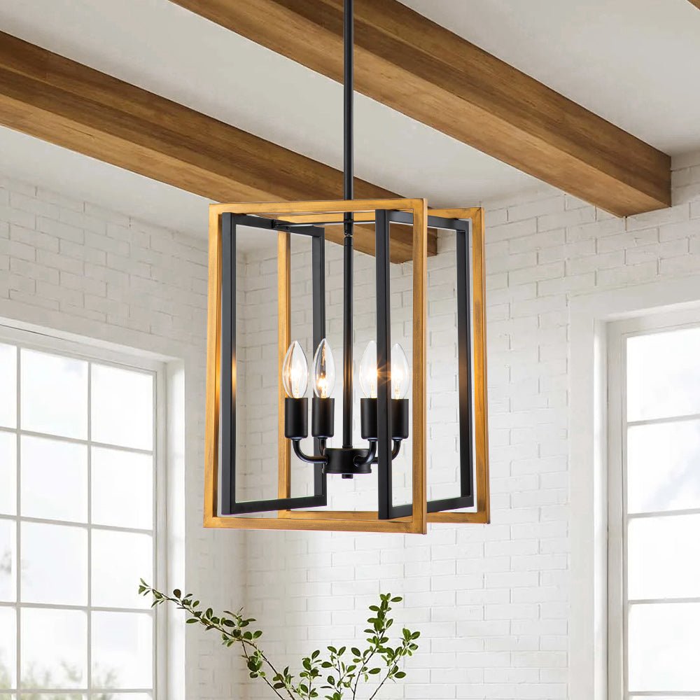 Modern Industrial 4-Light Square Metal Pendant Chandelier, Black Gold Finish