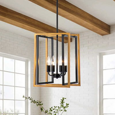 Modern Industrial 4-Light Square Metal Pendant Chandelier, Black Gold Finish