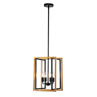 Modern Industrial 4-Light Square Metal Pendant Chandelier, Black Gold Finish