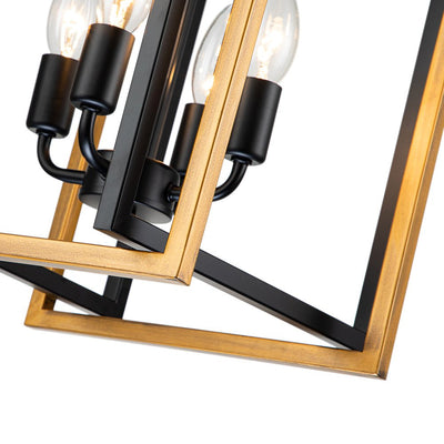 Modern Industrial 4-Light Square Metal Pendant Chandelier, Black Gold Finish