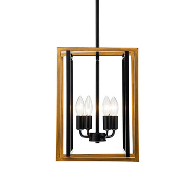 Modern Industrial 4-Light Square Metal Pendant Chandelier, Black Gold Finish