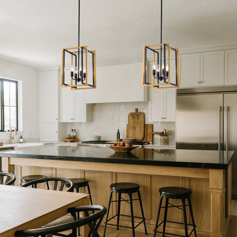 Modern Industrial 4-Light Square Metal Pendant Chandelier, Black Gold Finish