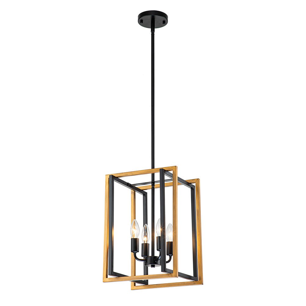 Modern Industrial 4-Light Square Metal Pendant Chandelier, Black Gold Finish