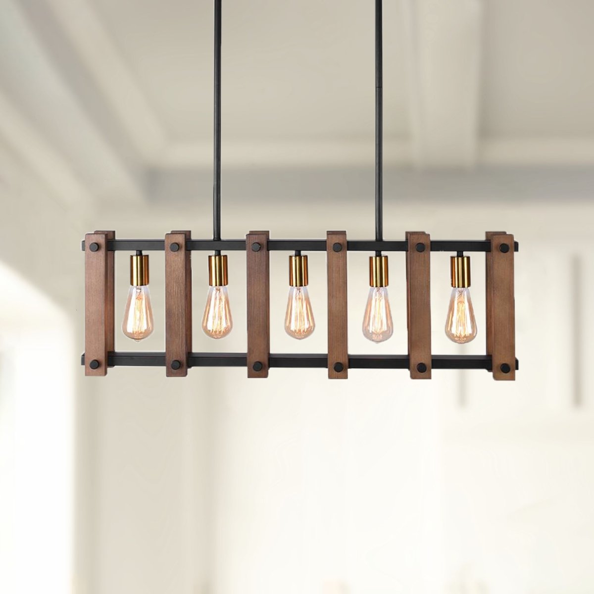 Contemporary Industrial Wood Linear Pendant Light, Five Bulb Kitchen Island Fixture