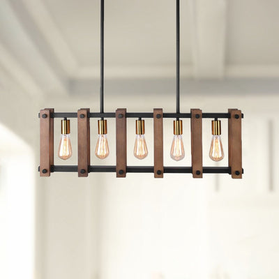 Contemporary Industrial Wood Linear Pendant Light, Five Bulb Kitchen Island Fixture