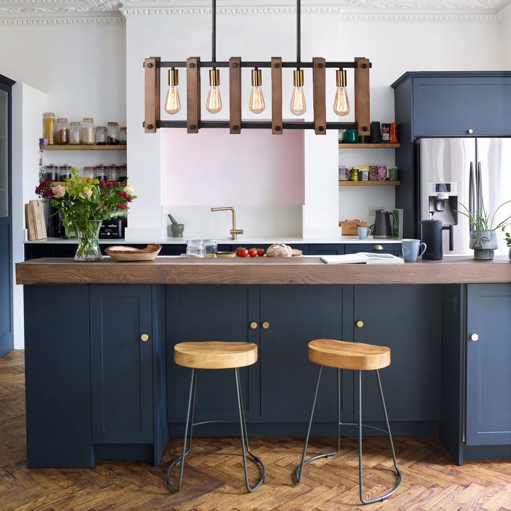 Contemporary Industrial Wood Linear Pendant Light, Five Bulb Kitchen Island Fixture