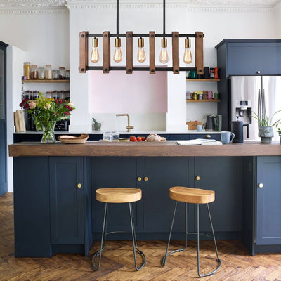 Contemporary Industrial Wood Linear Pendant Light, Five Bulb Kitchen Island Fixture