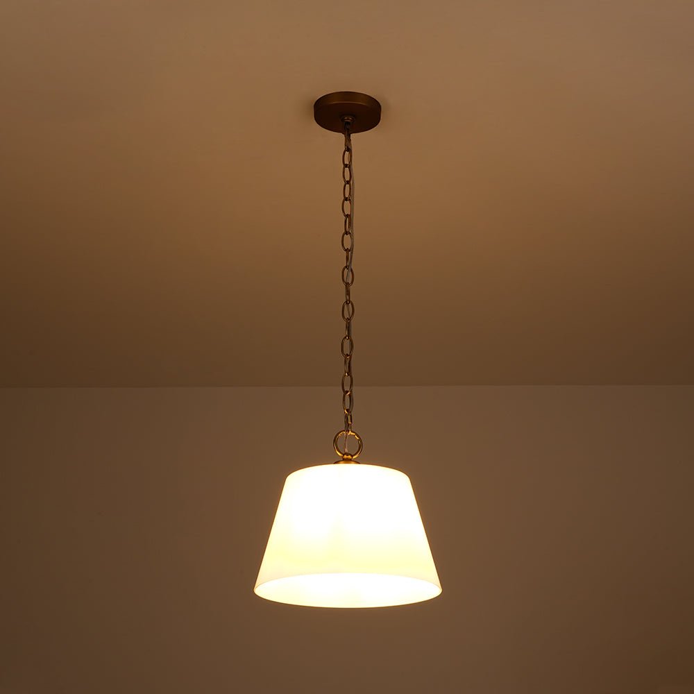 Modern Ivory White Conical Glass Single Pendant, Brass Finish, Dimmable