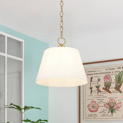 Modern Ivory White Conical Glass Single Pendant, Brass Finish, Dimmable